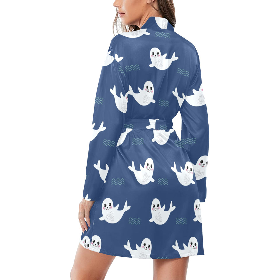 Cute white baby sea lion seal pattern Women's Long Sleeve Belted Night Robe