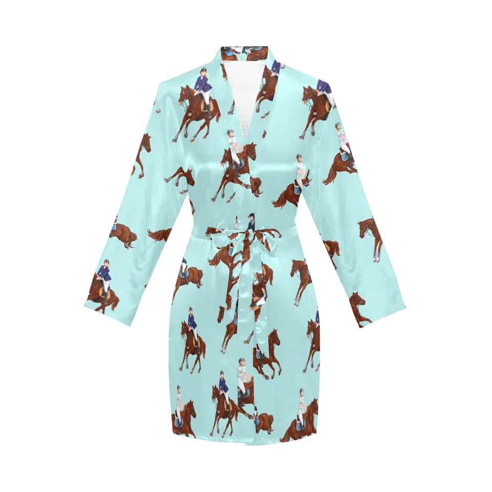 Horses running horses rider pattern Women's Long Sleeve Belted Night Robe