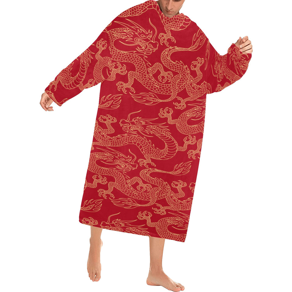 Gold dragons red background Blanket Robe with Sleeves