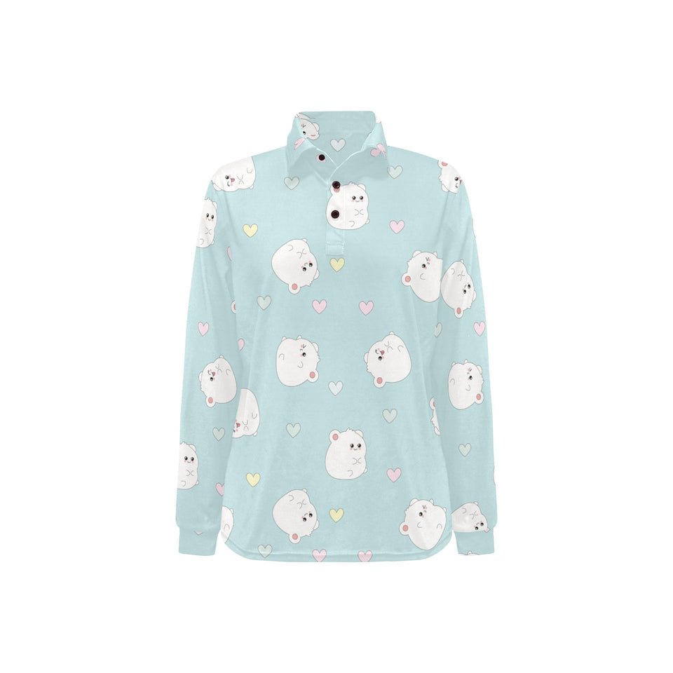 White cute hamsters heart pattern Women's Long Sleeve Polo Shirt