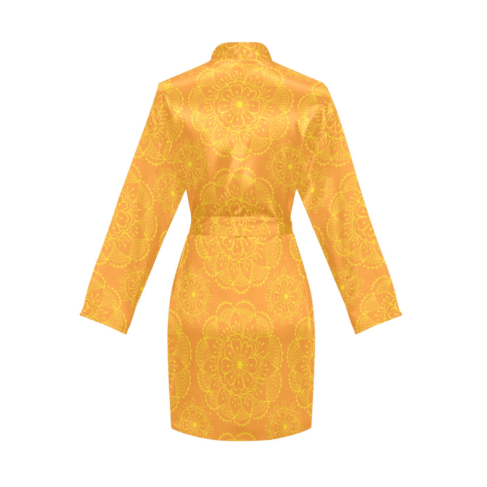 Orange traditional indian element pattern Women's Long Sleeve Belted Night Robe