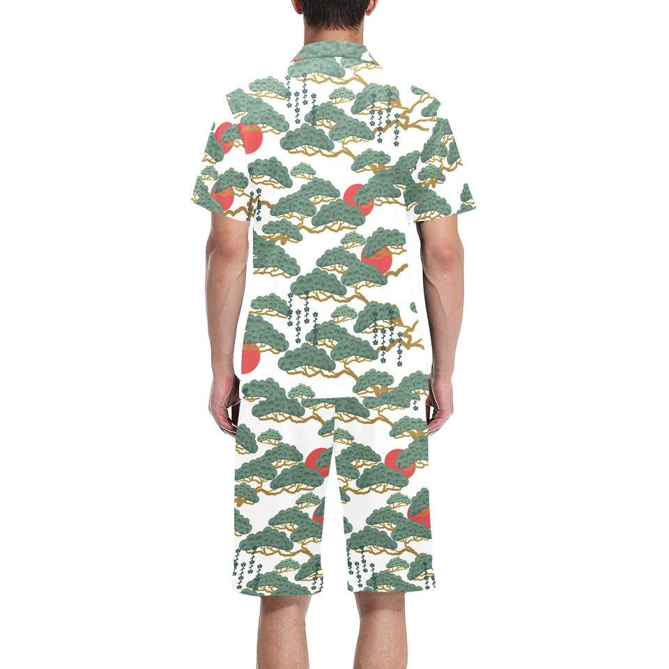Bonsai red sun japanese pattern Men's V-Neck Short Pajama Set