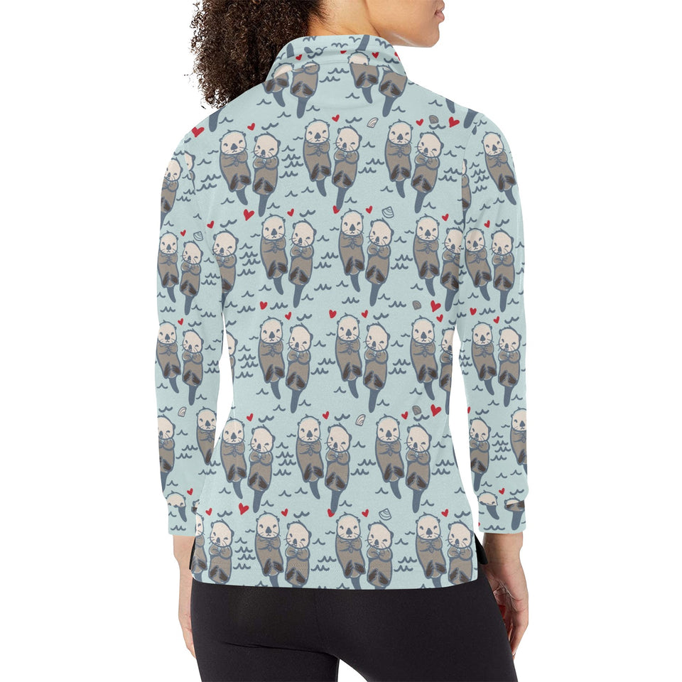 Lovely Sea Otter Pattern Women's Long Sleeve Polo Shirt