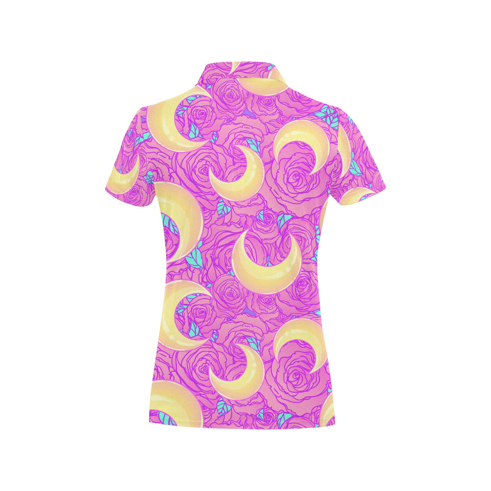 Moon pink rose background Women's All Over Print Polo Shirt
