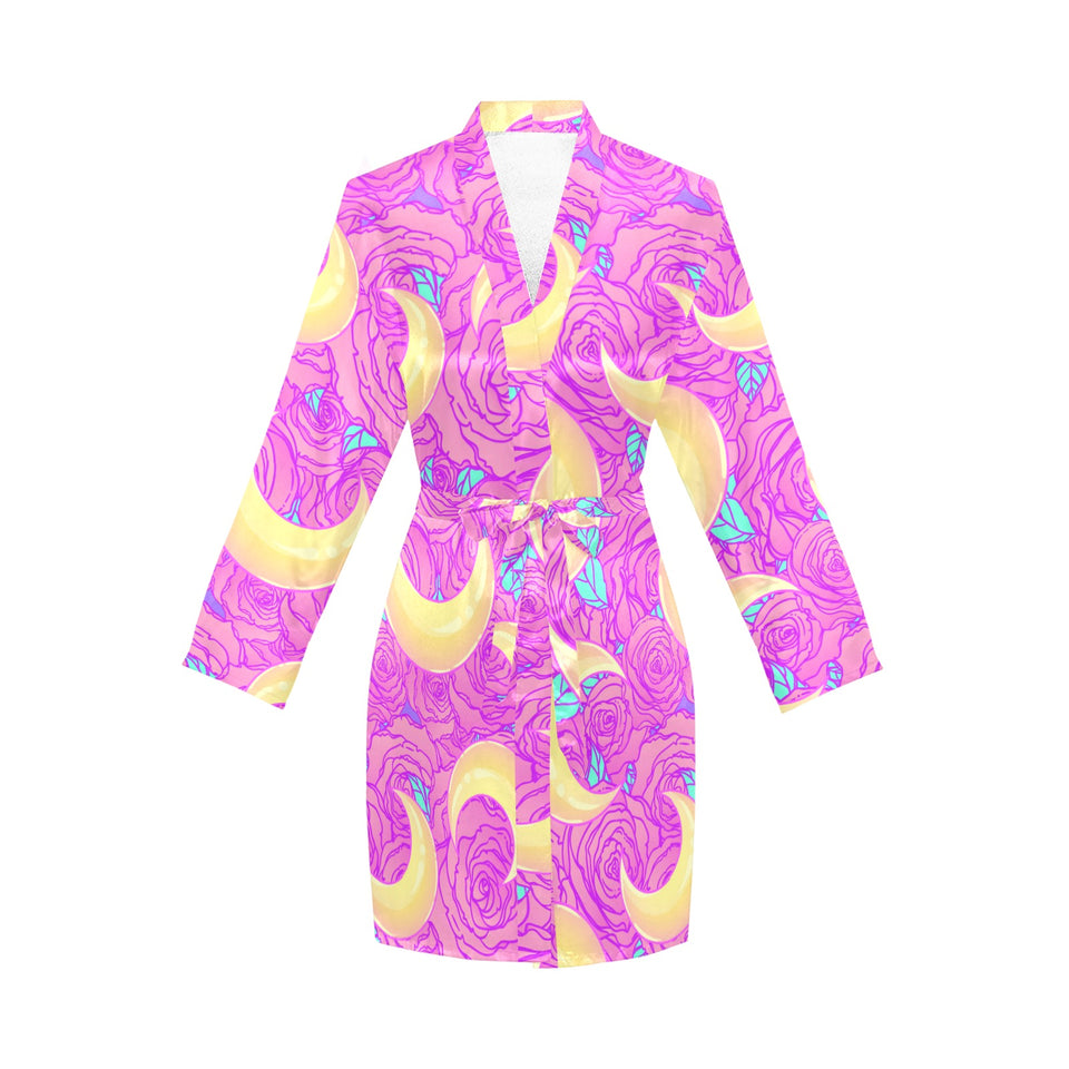 Moon pink rose background Women's Long Sleeve Belted Night Robe
