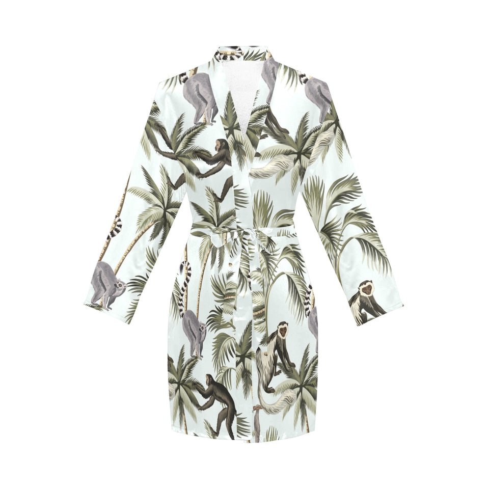 Monkey sloth lemur palm trees pattern Women's Long Sleeve Belted Night Robe