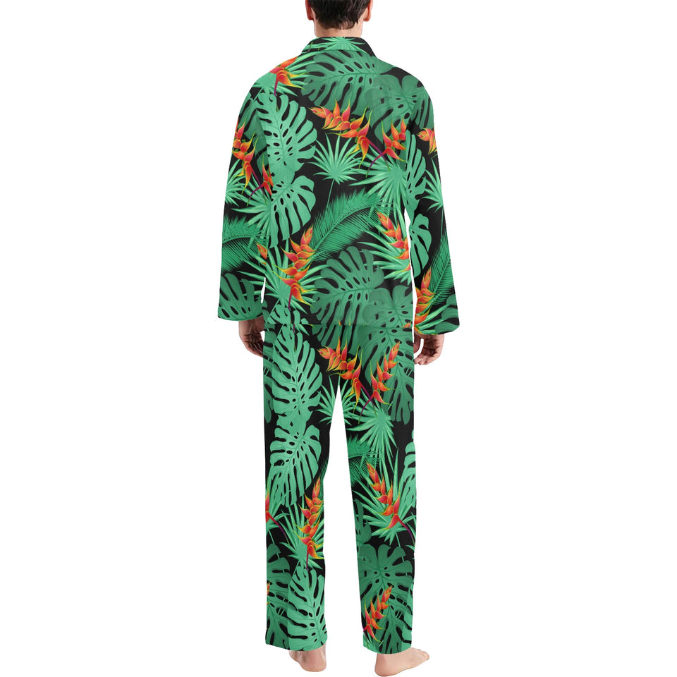 heliconia flower palm monstera leaves black backgr Men's Long Pajama Set