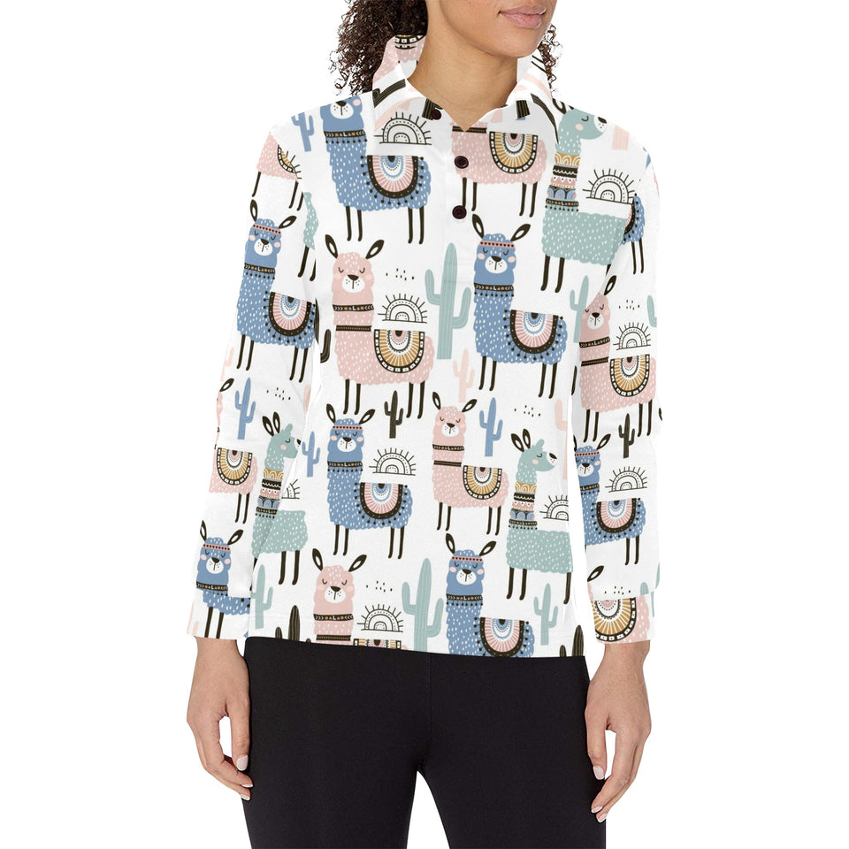lama Alpaca cactus hand drawn pattern Women's Long Sleeve Polo Shirt
