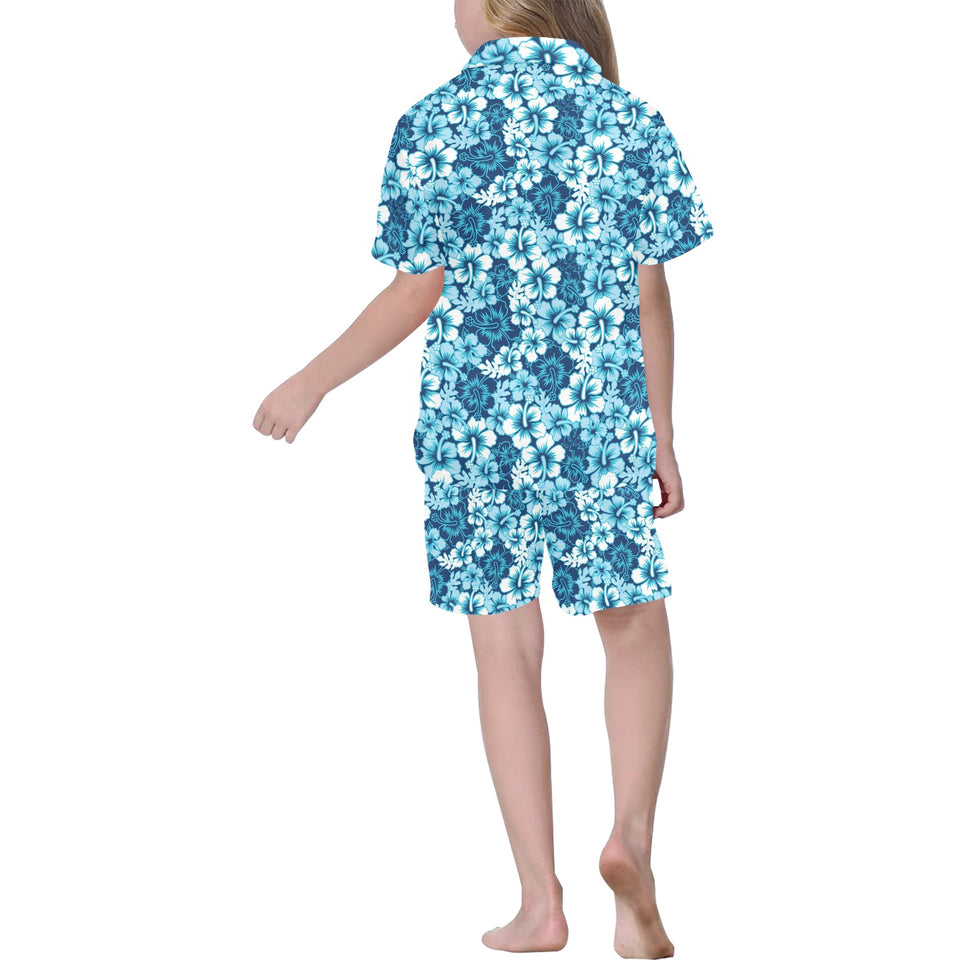 Hibiscus Pattern Print Design 03 Kids' Boys' Girls' V-Neck Short Pajama Set
