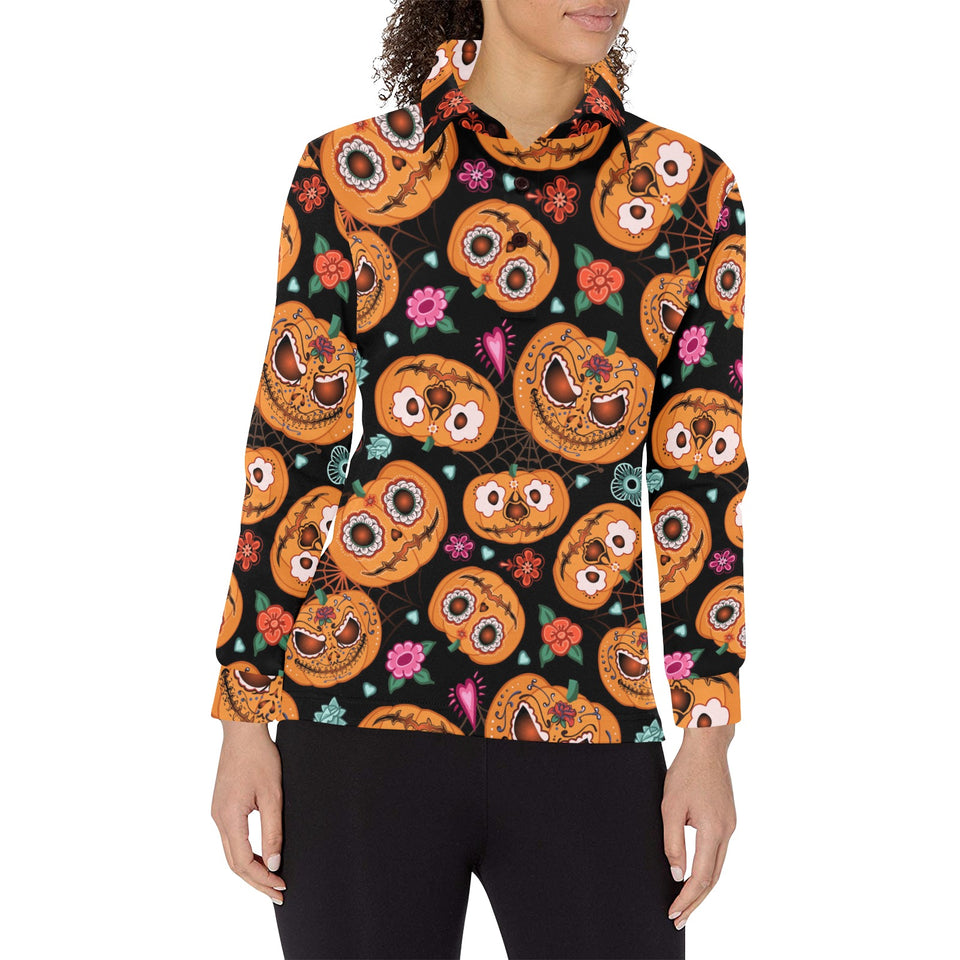 Pumpkin flowers spiderweb Halloween theme Women's Long Sleeve Polo Shirt