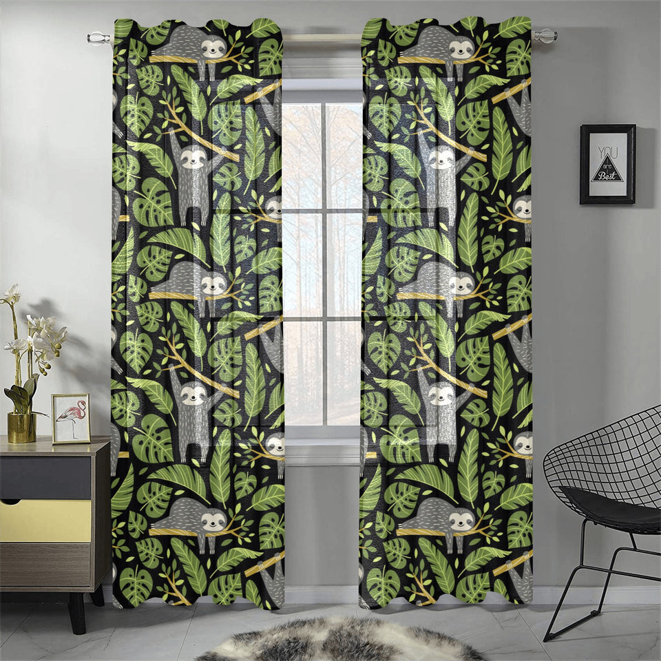Cute sloths tropical palm leaves black background Gauze Curtain