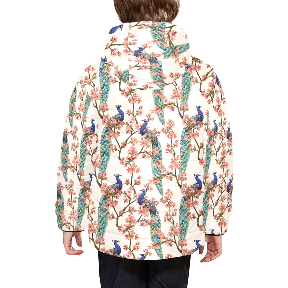 Peacock tropical flower pattern Kids' Boys' Girls' Padded Hooded Jacket