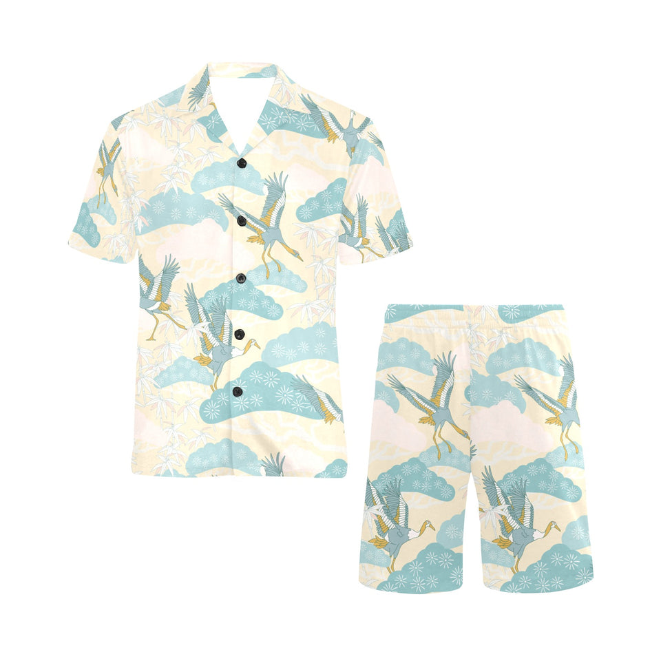 Bonsai bamboo stork japanese pattern cream theme Men's V-Neck Short Pajama Set