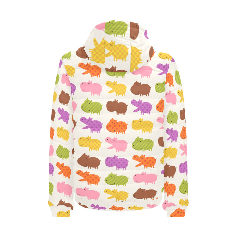 Hippopotamus Pattern Print Design 01 Men's Padded Hooded Jacket