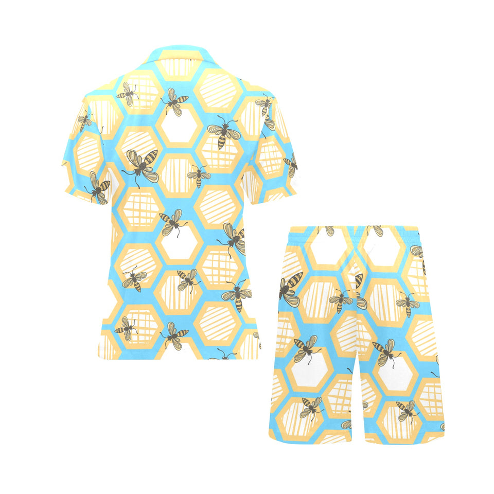 Bee honeycomb pattern Men's V-Neck Short Pajama Set