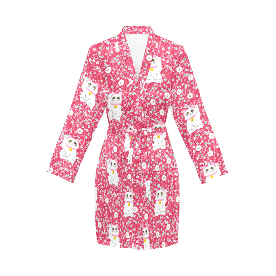 Maneki neko cat sakura pink background Women's Long Sleeve Belted Night Robe