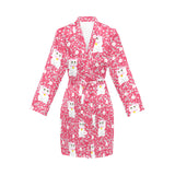 Maneki neko cat sakura pink background Women's Long Sleeve Belted Night Robe