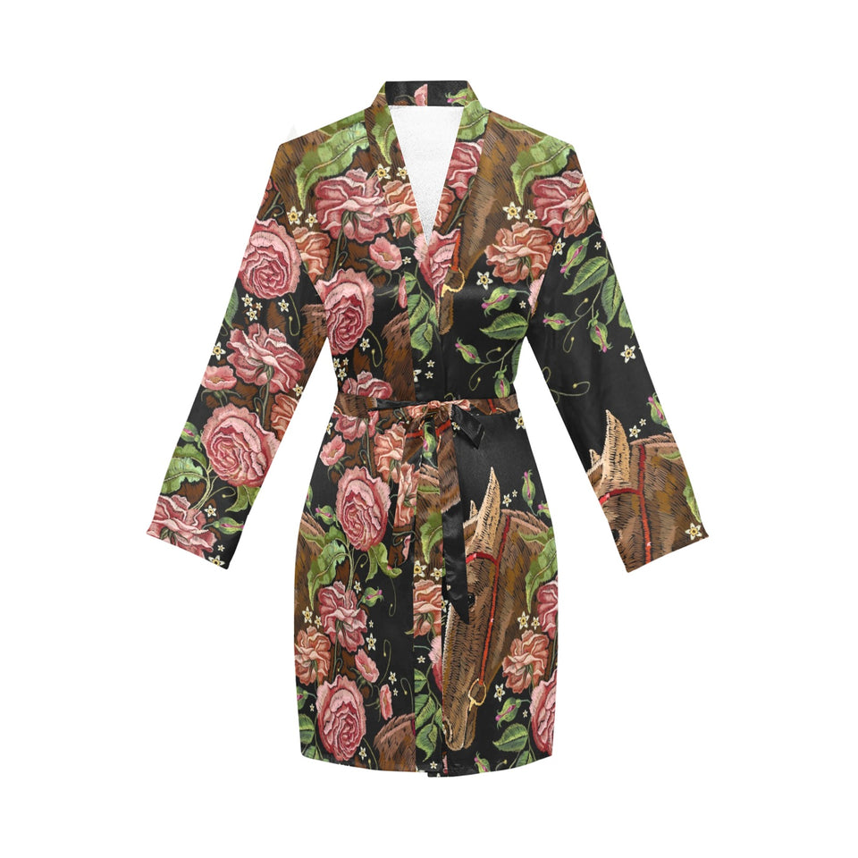 Horse head wild roses pattern Women's Long Sleeve Belted Night Robe