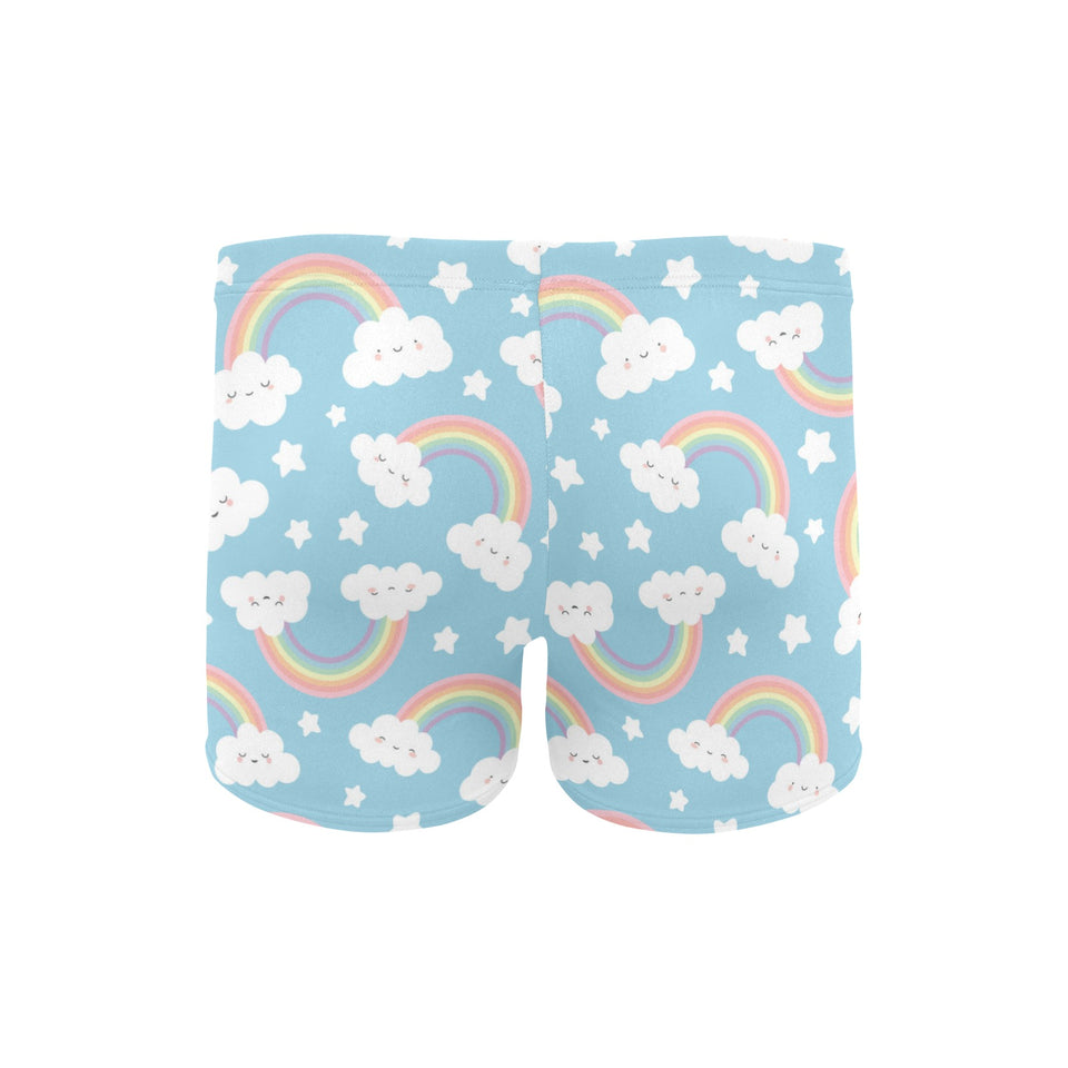 Cute rainbow clound star pattern blue background Men's Swimming Trunks