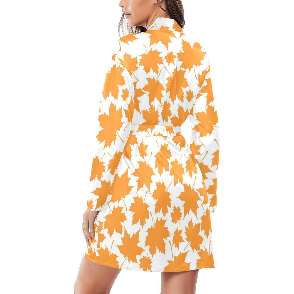 Orange Maple Leaf pattern Women's Long Sleeve Belted Night Robe