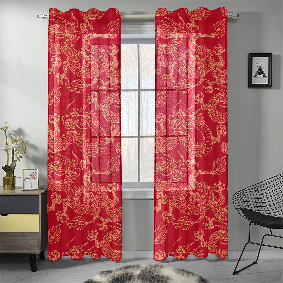 Gold dragons red background Gauze Curtain