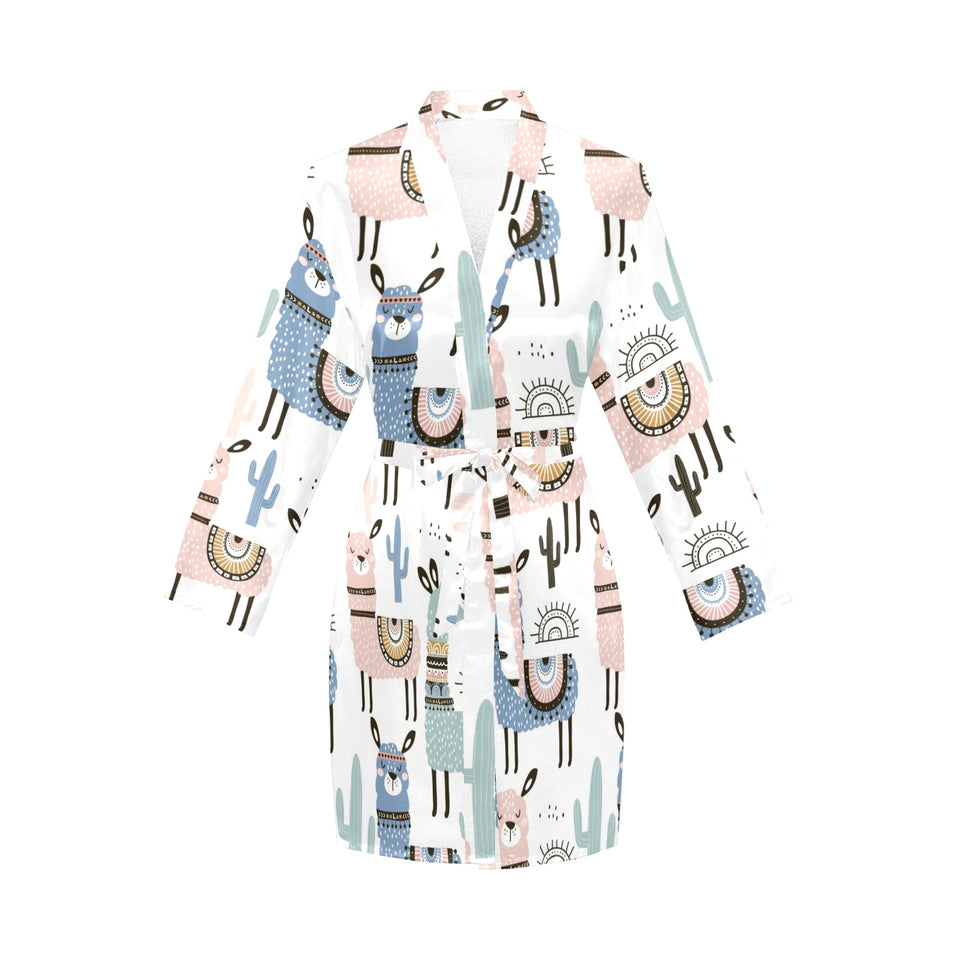 lama Alpaca cactus hand drawn pattern Women's Long Sleeve Belted Night Robe