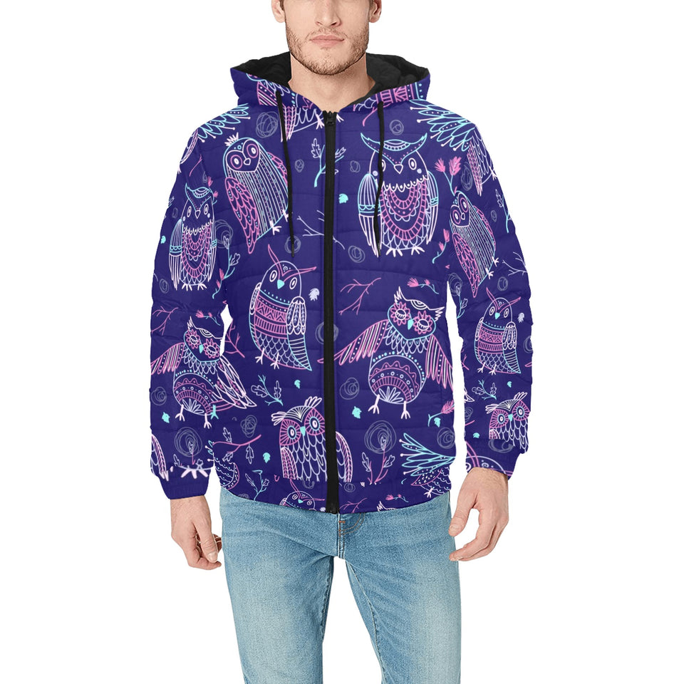 Cute owls pattern boho style ornament Men's Padded Hooded Jacket