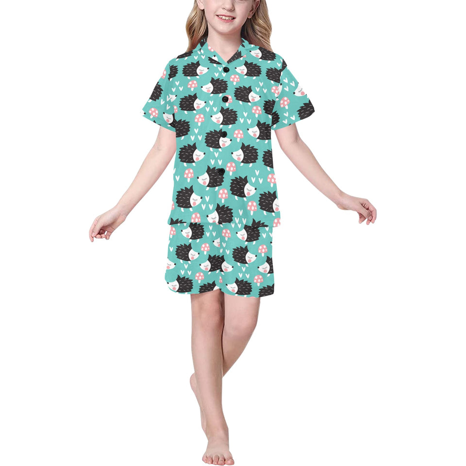 Hedgehog Pattern Print Design 03 Kids' Boys' Girls' V-Neck Short Pajama Set