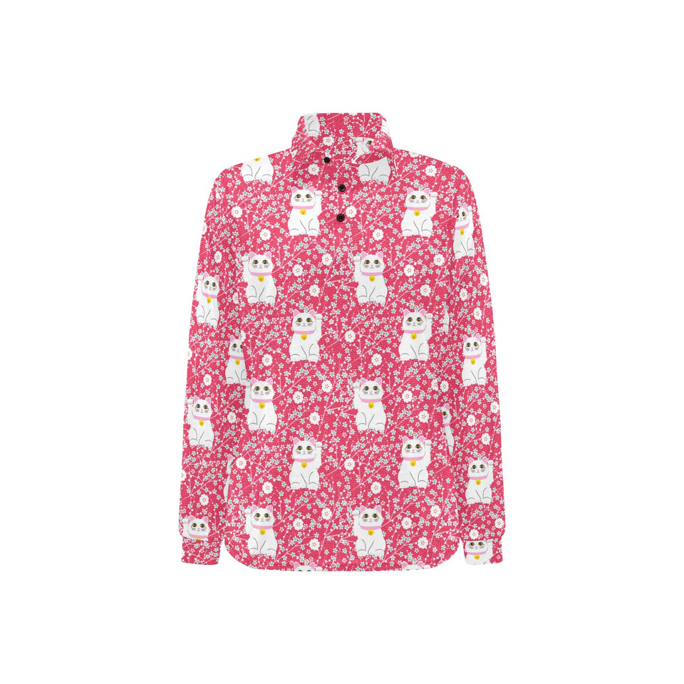 Maneki neko cat sakura pink background Women's Long Sleeve Polo Shirt