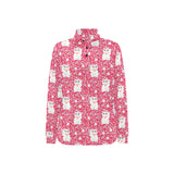 Maneki neko cat sakura pink background Women's Long Sleeve Polo Shirt