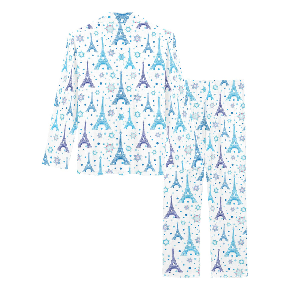 Blue Eiffel Tower Theme Pattern Print Design 01 Women's Long Pajama Set