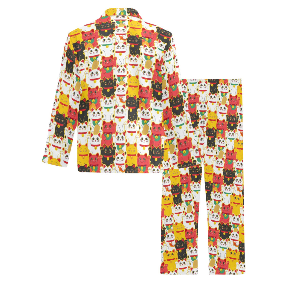 Colorful Maneki neko cat pattern Men's Long Pajama Set