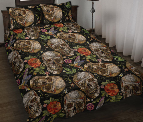 Skull rose humming bird flower pattern Quilt Bed Set
