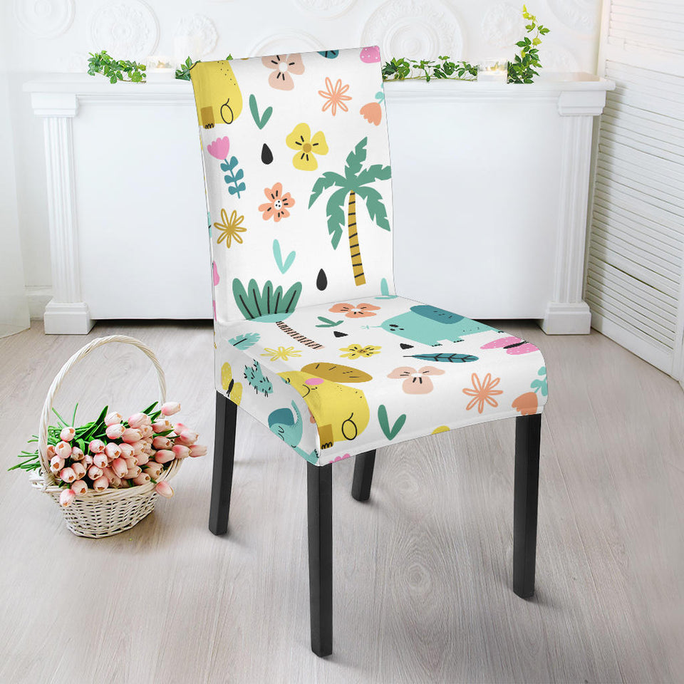 Cute Elephants Palm Tree Flower Butterfly Pattern Dining Chair Slipcover