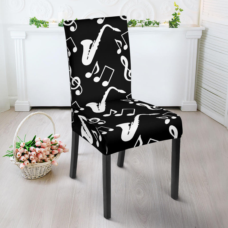 Saxophone Music Notes Treble Clef Black White Theme Dining Chair Slipcover