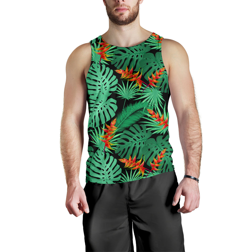 heliconia flower palm monstera leaves black background Men Tank Top