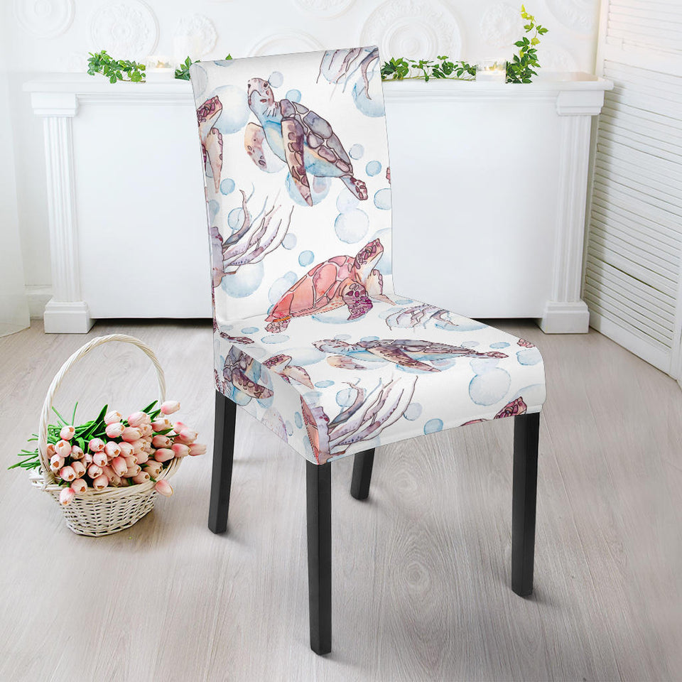 Watercolor Sea Turtle Jellyfish Pattern Dining Chair Slipcover