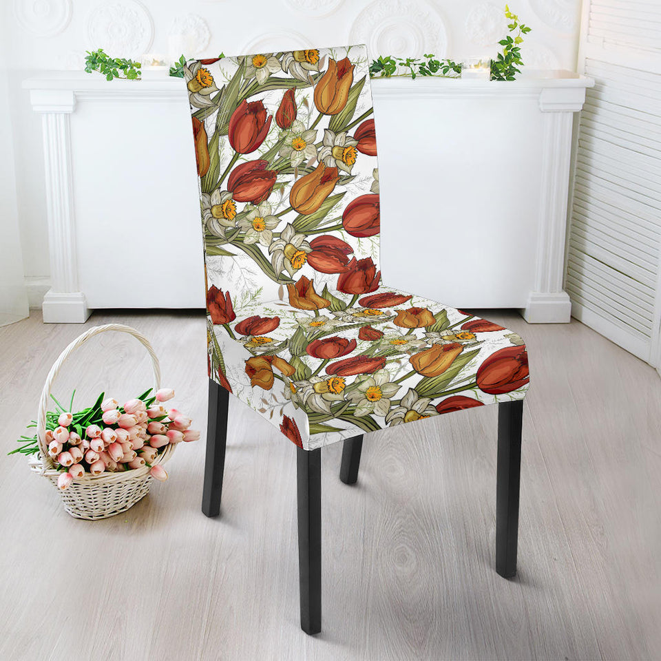 Red Tulips And Daffodils Pattern Dining Chair Slipcover