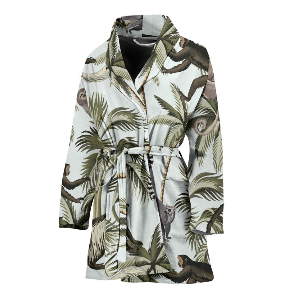 Monkey Sloth Lemur Palm Trees Pattern Women'S Bathrobe