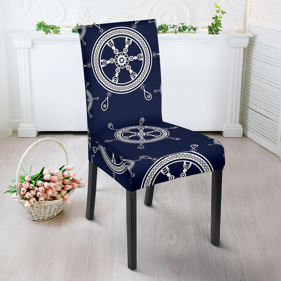 Nautical Steering Wheel Design Pattern Dining Chair Slipcover