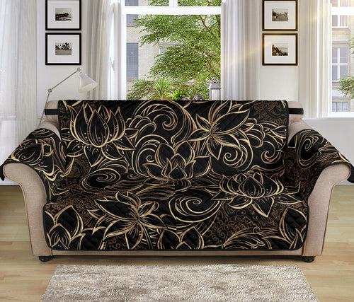 luxurious gold lotus waterlily black background Sofa Cover Protector