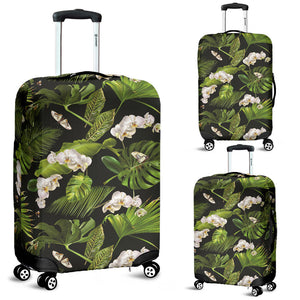 White Orchid Flower Tropical Leaves Pattern Blackground Luggage Covers