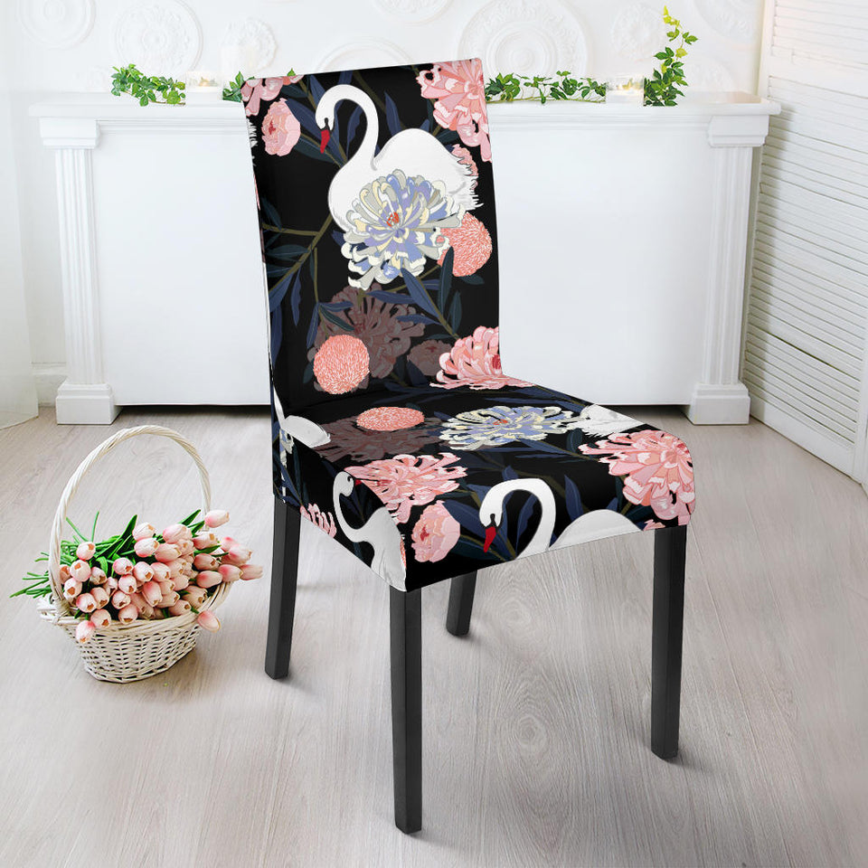 White Swan Blooming Flower Pattern Dining Chair Slipcover