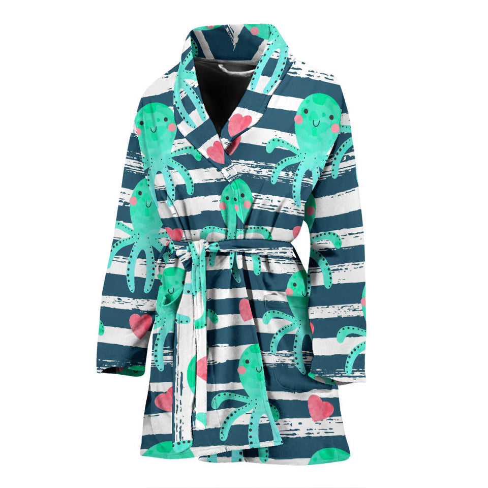 Cute Octopuses Heart Striped Background Women'S Bathrobe