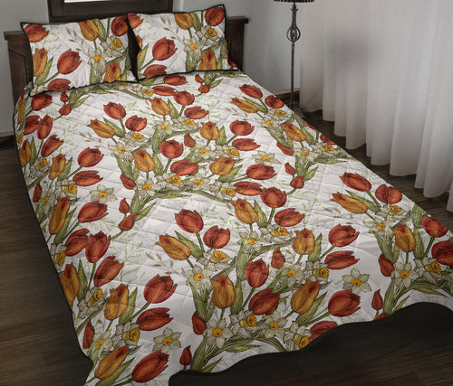 Red tulips and daffodils pattern Quilt Bed Set