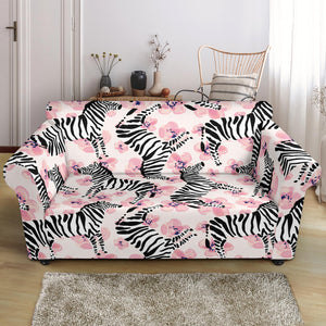 Zebra Pink Flower Background Loveseat Couch Slipcover