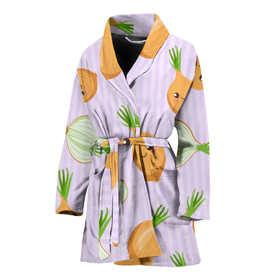 Cute Onions Smiling Faces Purple Background Women'S Bathrobe