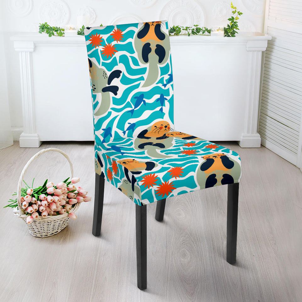 Cute Sea Otters Fishe Sea Urchin Pattern Dining Chair Slipcover
