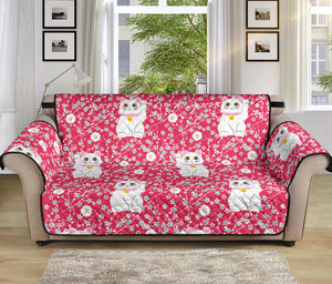 Maneki Neko Lucky Cat sakura pink background Sofa Cover Protector