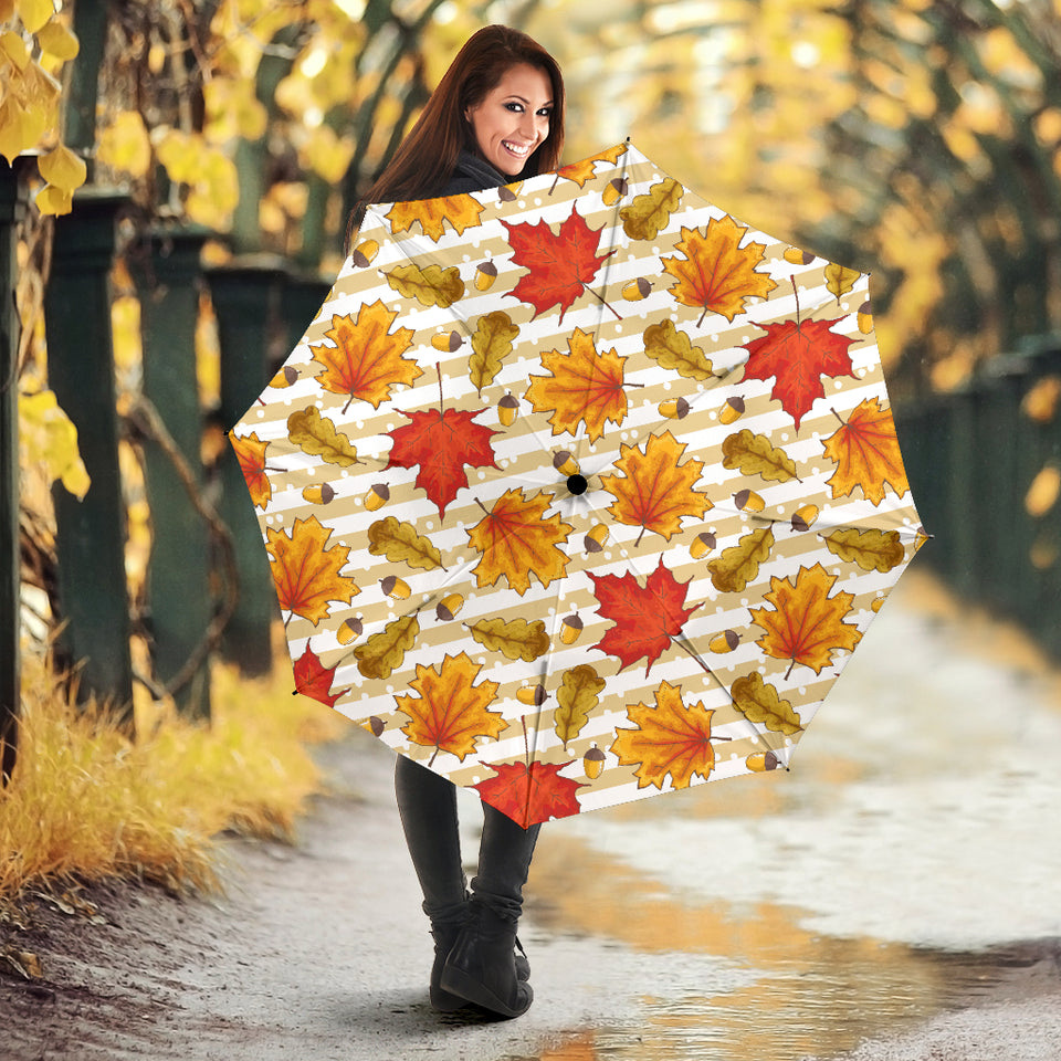 Maple Leaf Oak Leaf Acorns Beige Striped Background Umbrella